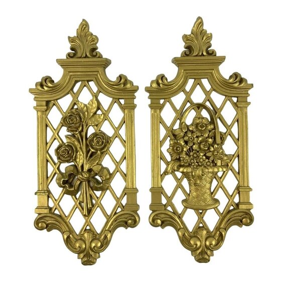 Vintage Dart Syroco 1971 Gold Plastic Wall Plaques Set Of 4 Floral Fruit 14x6 - Picture 4 of 7